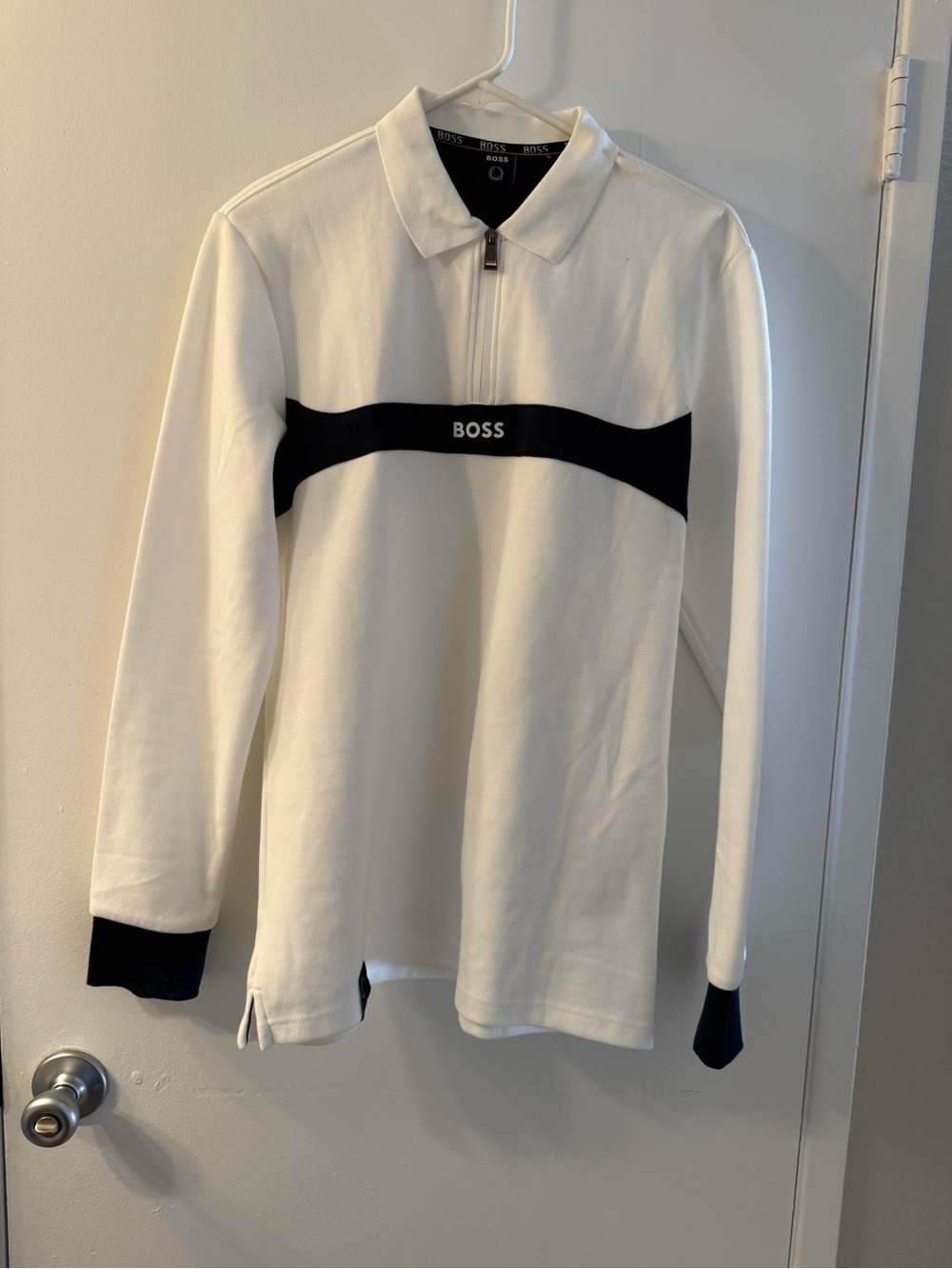 Boss White Long-Sleeve Polo Sweatshirt with Black Chest Panel
